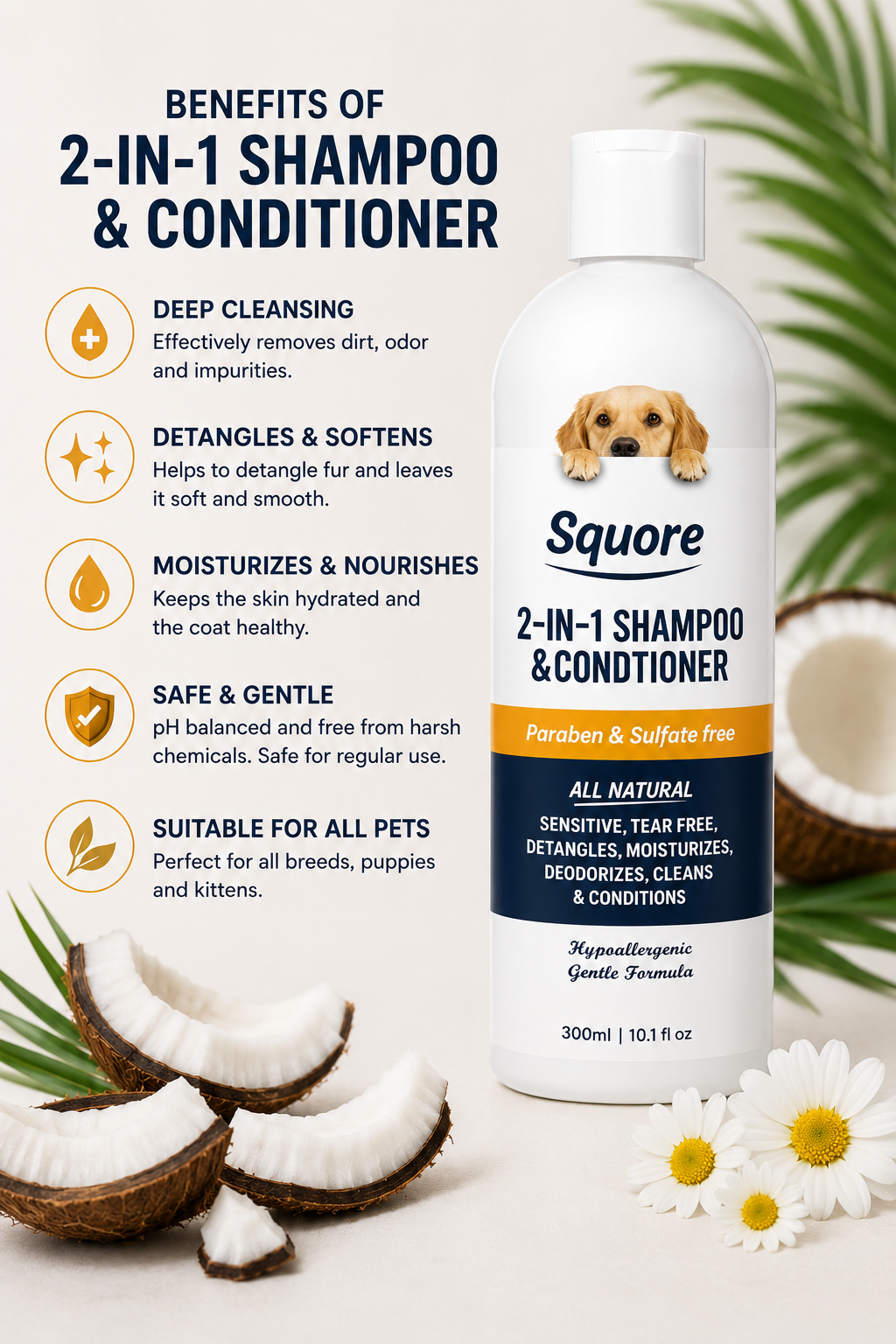 2-in-1 Pet Shampoo & Conditioner for Dogs & Cats – Natural Moisturizing Formula for Sensitive Skin | pH Balanced